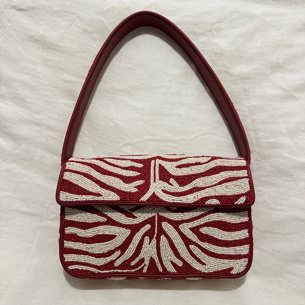 STAUD Tommy Red & White Zebra Beaded Bag